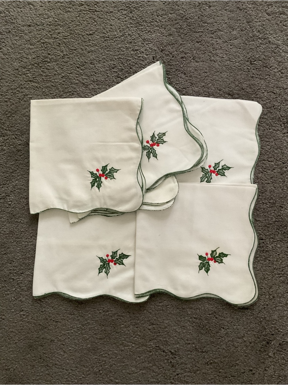 Embroidered White Holiday Napkins with Green Trim and Holly Motif. Set of 8.